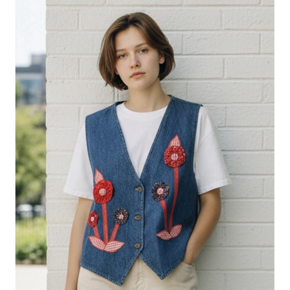 VTG Sun Belt Woman's Denim Vest Button Down Floral Embroidered Flowers Large USA